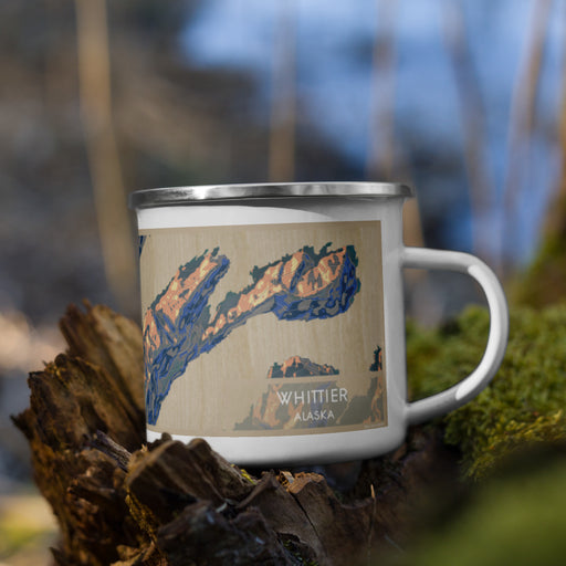 Right View Custom Whittier Alaska Map Enamel Mug in Afternoon on Grass With Trees in Background