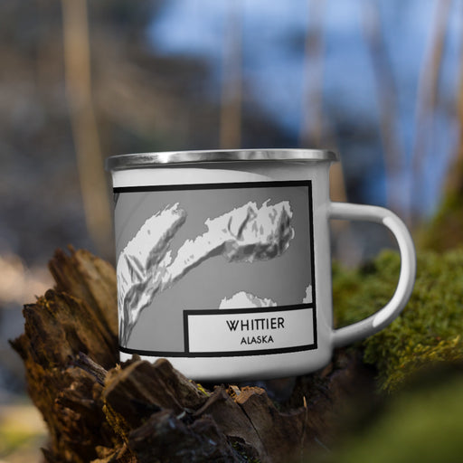 Right View Custom Whittier Alaska Map Enamel Mug in Classic on Grass With Trees in Background