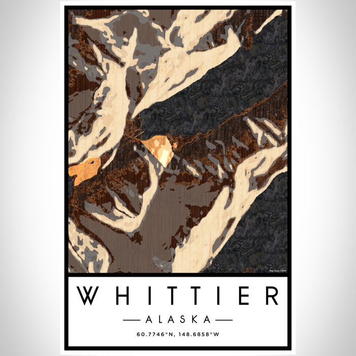 Whittier Alaska Map Print Portrait Orientation in Ember Style With Shaded Background