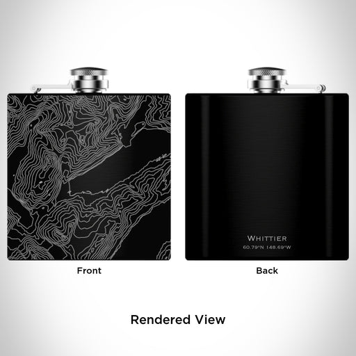 Rendered View of Whittier Alaska Map Engraving on 6oz Stainless Steel Flask in Black