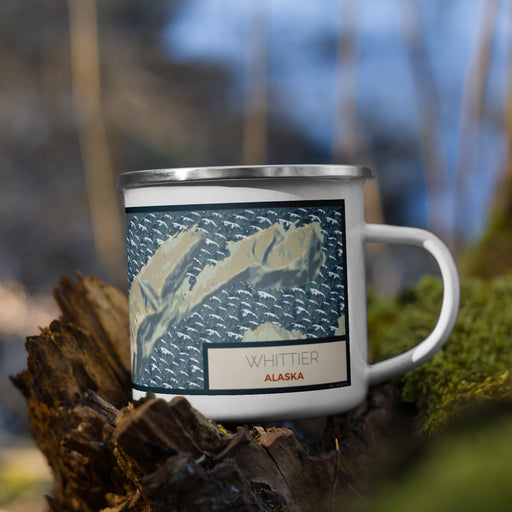 Right View Custom Whittier Alaska Map Enamel Mug in Woodblock on Grass With Trees in Background
