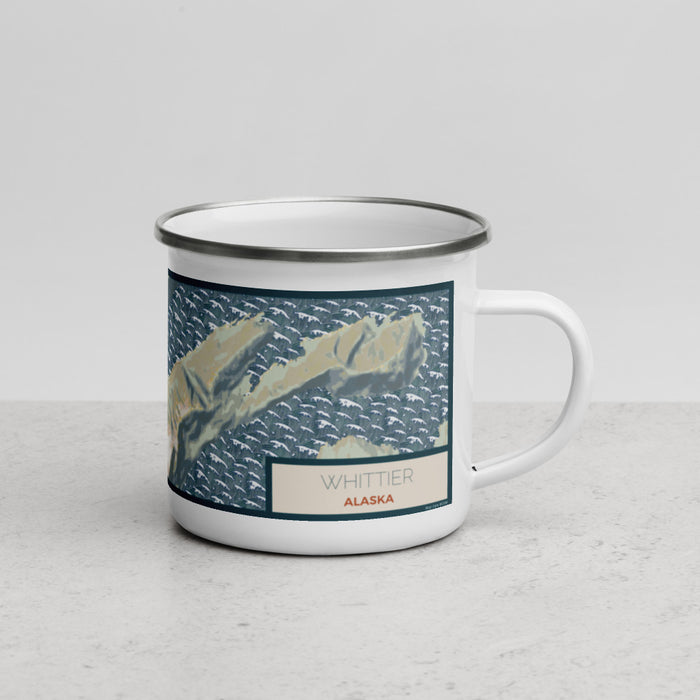 Right View Custom Whittier Alaska Map Enamel Mug in Woodblock