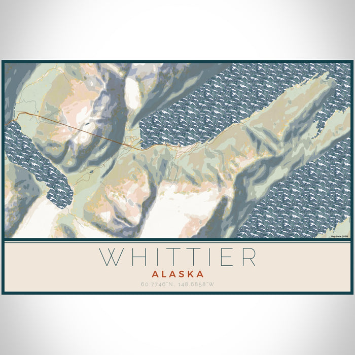 Whittier Alaska Map Print Landscape Orientation in Woodblock Style With Shaded Background