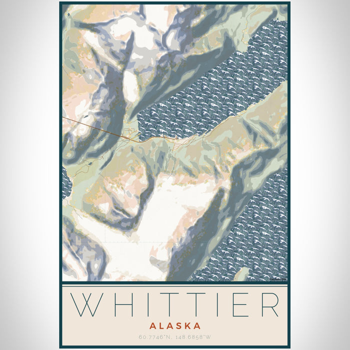 Whittier Alaska Map Print Portrait Orientation in Woodblock Style With Shaded Background