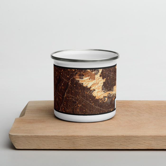 Front View Custom Whittier California Map Enamel Mug in Ember on Cutting Board