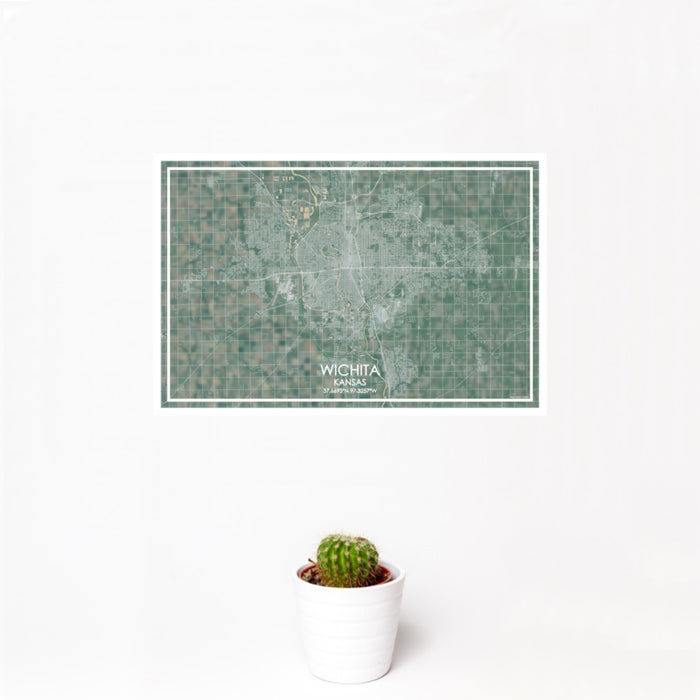 12x18 Wichita Kansas Map Print Landscape Orientation in Afternoon Style With Small Cactus Plant in White Planter