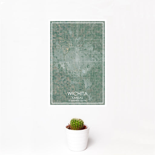 12x18 Wichita Kansas Map Print Portrait Orientation in Afternoon Style With Small Cactus Plant in White Planter