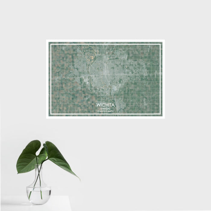 16x24 Wichita Kansas Map Print Landscape Orientation in Afternoon Style With Tropical Plant Leaves in Water