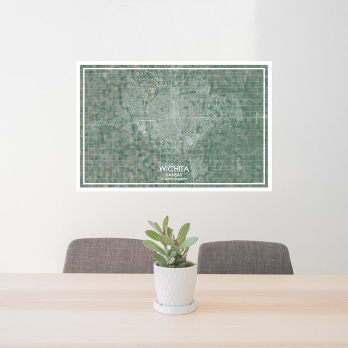 24x36 Wichita Kansas Map Print Lanscape Orientation in Afternoon Style Behind 2 Chairs Table and Potted Plant
