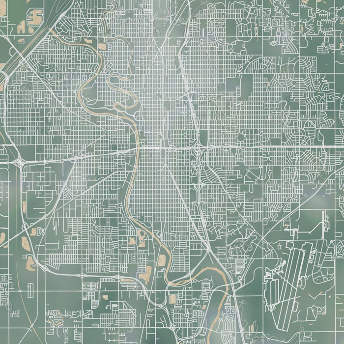 Wichita Kansas Map Print in Afternoon Style Zoomed In Close Up Showing Details