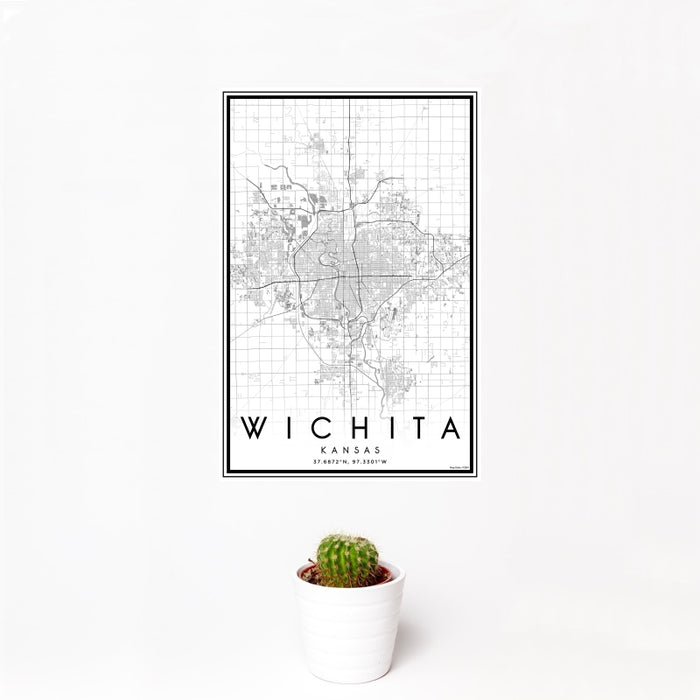 12x18 Wichita Kansas Map Print Portrait Orientation in Classic Style With Small Cactus Plant in White Planter