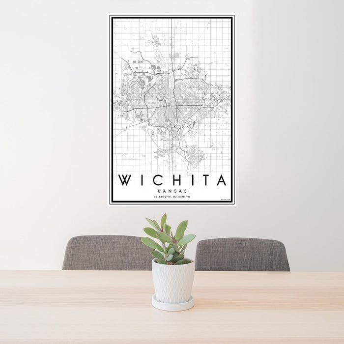 24x36 Wichita Kansas Map Print Portrait Orientation in Classic Style Behind 2 Chairs Table and Potted Plant