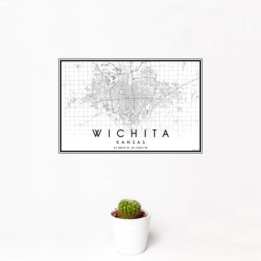 12x18 Wichita Kansas Map Print Landscape Orientation in Classic Style With Small Cactus Plant in White Planter