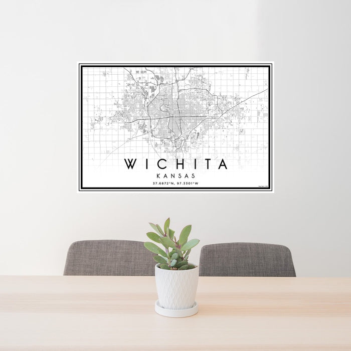 24x36 Wichita Kansas Map Print Landscape Orientation in Classic Style Behind 2 Chairs Table and Potted Plant