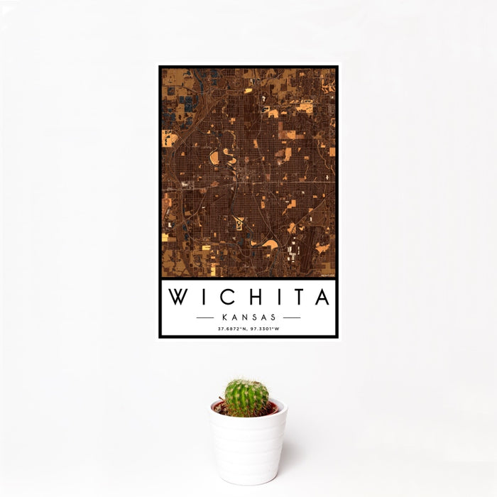 12x18 Wichita Kansas Map Print Portrait Orientation in Ember Style With Small Cactus Plant in White Planter