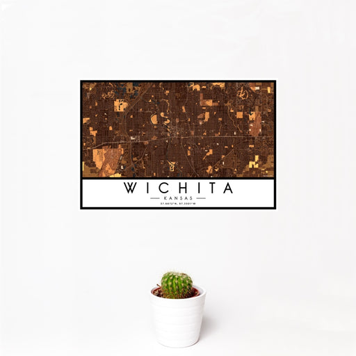 12x18 Wichita Kansas Map Print Landscape Orientation in Ember Style With Small Cactus Plant in White Planter