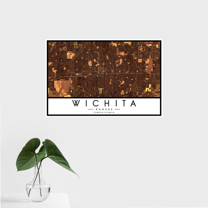 16x24 Wichita Kansas Map Print Landscape Orientation in Ember Style With Tropical Plant Leaves in Water