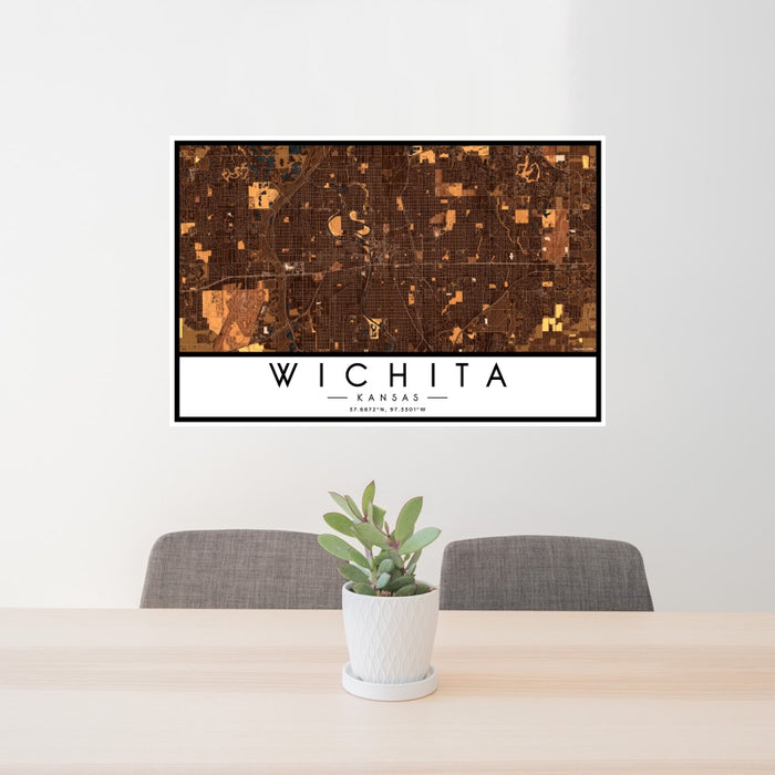 24x36 Wichita Kansas Map Print Landscape Orientation in Ember Style Behind 2 Chairs Table and Potted Plant
