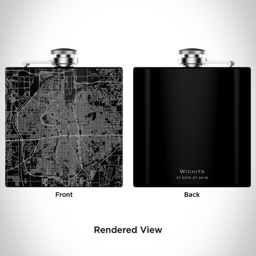 Rendered View of Wichita Kansas Map Engraving on 6oz Stainless Steel Flask in Black