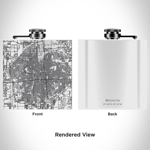 Rendered View of Wichita Kansas Map Engraving on 6oz Stainless Steel Flask in White