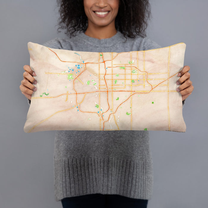 Person holding 20x12 Custom Wichita Kansas Map Throw Pillow in Watercolor