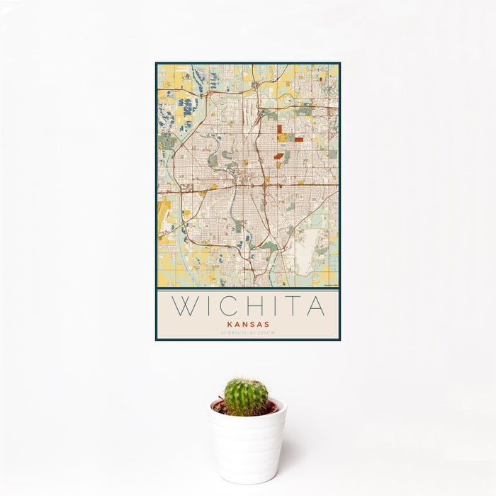 12x18 Wichita Kansas Map Print Portrait Orientation in Woodblock Style With Small Cactus Plant in White Planter