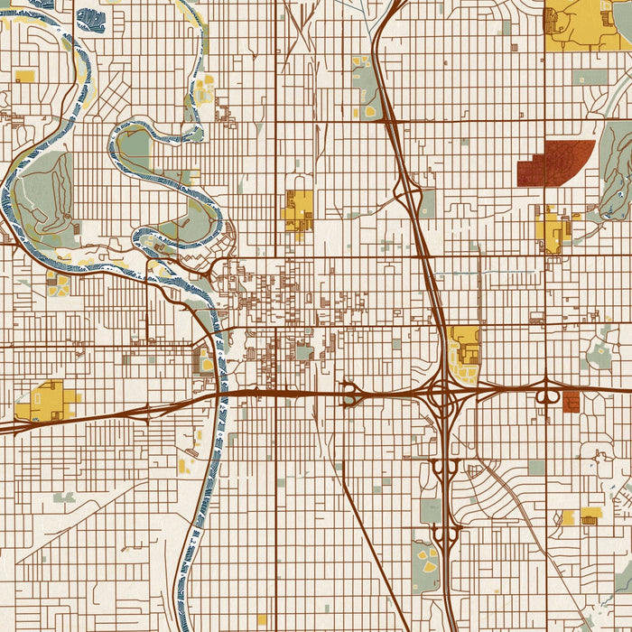 Wichita Kansas Map Print in Woodblock Style Zoomed In Close Up Showing Details