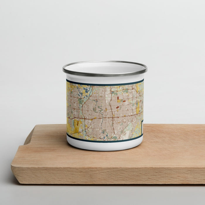 Front View Custom Wichita Kansas Map Enamel Mug in Woodblock on Cutting Board
