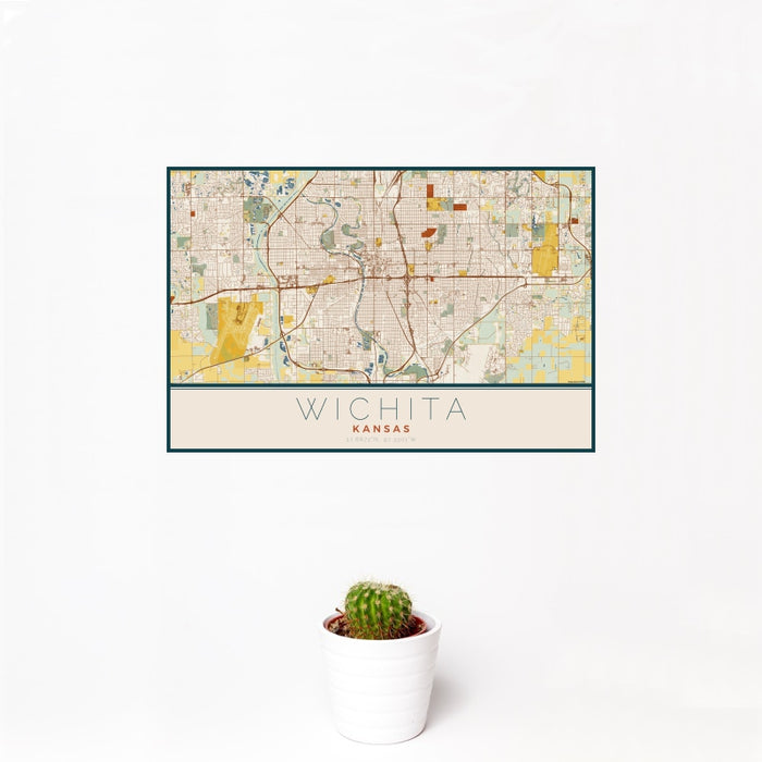 12x18 Wichita Kansas Map Print Landscape Orientation in Woodblock Style With Small Cactus Plant in White Planter