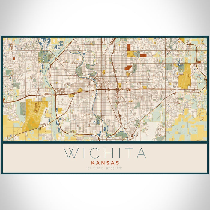 Wichita Kansas Map Print Landscape Orientation in Woodblock Style With Shaded Background