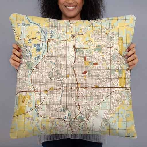 Person holding 22x22 Custom Wichita Kansas Map Throw Pillow in Woodblock