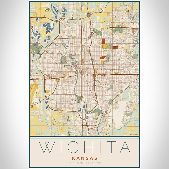 Wichita Kansas Map Print Portrait Orientation in Woodblock Style With Shaded Background