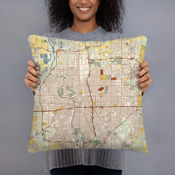Person holding 18x18 Custom Wichita Kansas Map Throw Pillow in Woodblock