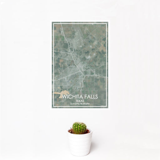 12x18 Wichita Falls Texas Map Print Portrait Orientation in Afternoon Style With Small Cactus Plant in White Planter