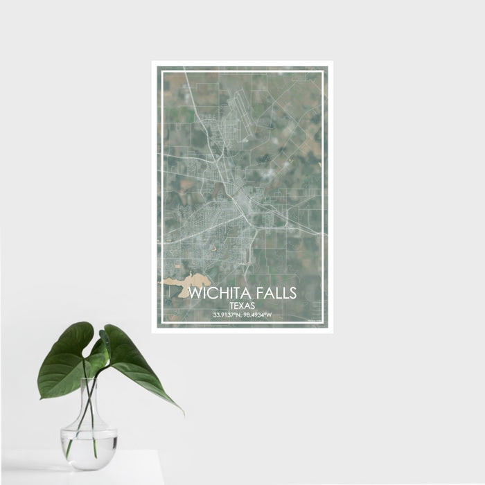 16x24 Wichita Falls Texas Map Print Portrait Orientation in Afternoon Style With Tropical Plant Leaves in Water