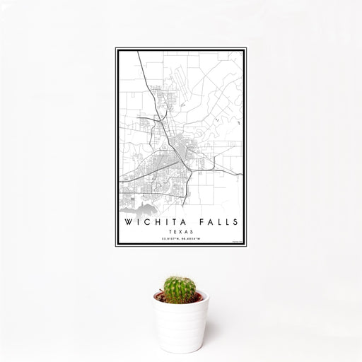 12x18 Wichita Falls Texas Map Print Portrait Orientation in Classic Style With Small Cactus Plant in White Planter
