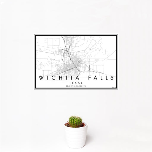 12x18 Wichita Falls Texas Map Print Landscape Orientation in Classic Style With Small Cactus Plant in White Planter
