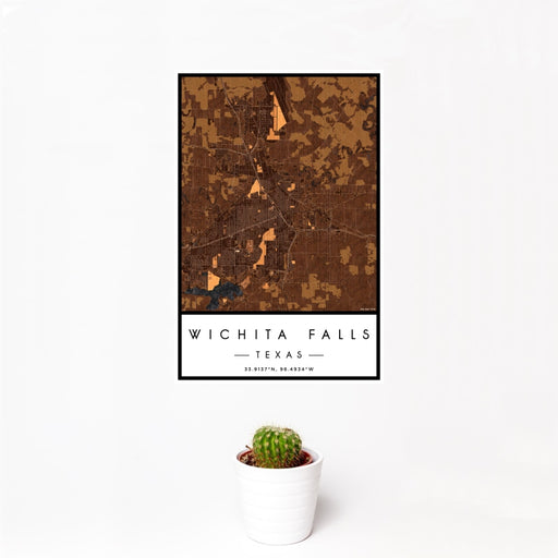 12x18 Wichita Falls Texas Map Print Portrait Orientation in Ember Style With Small Cactus Plant in White Planter
