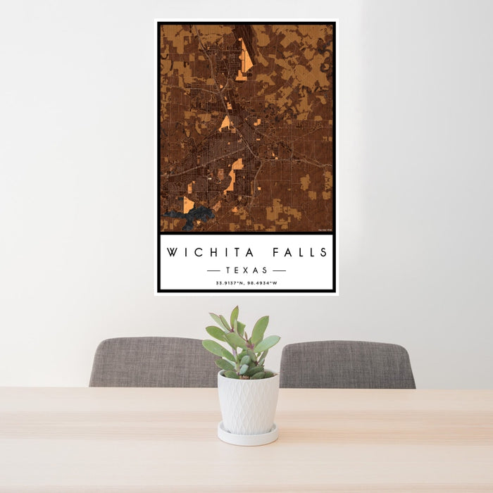 24x36 Wichita Falls Texas Map Print Portrait Orientation in Ember Style Behind 2 Chairs Table and Potted Plant