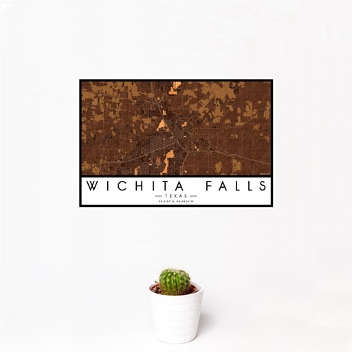 12x18 Wichita Falls Texas Map Print Landscape Orientation in Ember Style With Small Cactus Plant in White Planter