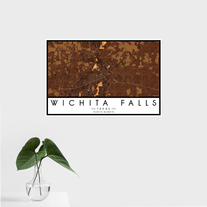 16x24 Wichita Falls Texas Map Print Landscape Orientation in Ember Style With Tropical Plant Leaves in Water
