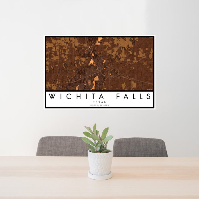 24x36 Wichita Falls Texas Map Print Landscape Orientation in Ember Style Behind 2 Chairs Table and Potted Plant