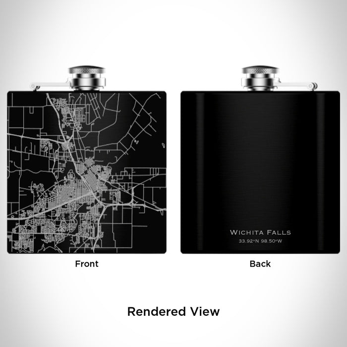 Rendered View of Wichita Falls Texas Map Engraving on 6oz Stainless Steel Flask in Black