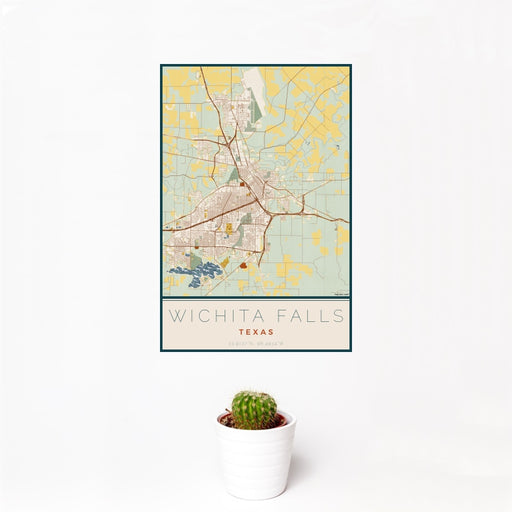 12x18 Wichita Falls Texas Map Print Portrait Orientation in Woodblock Style With Small Cactus Plant in White Planter