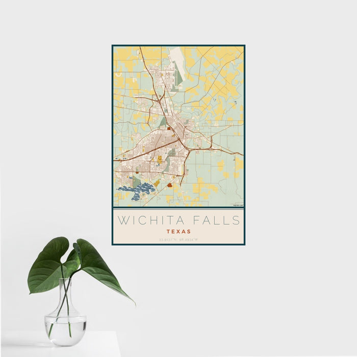 16x24 Wichita Falls Texas Map Print Portrait Orientation in Woodblock Style With Tropical Plant Leaves in Water