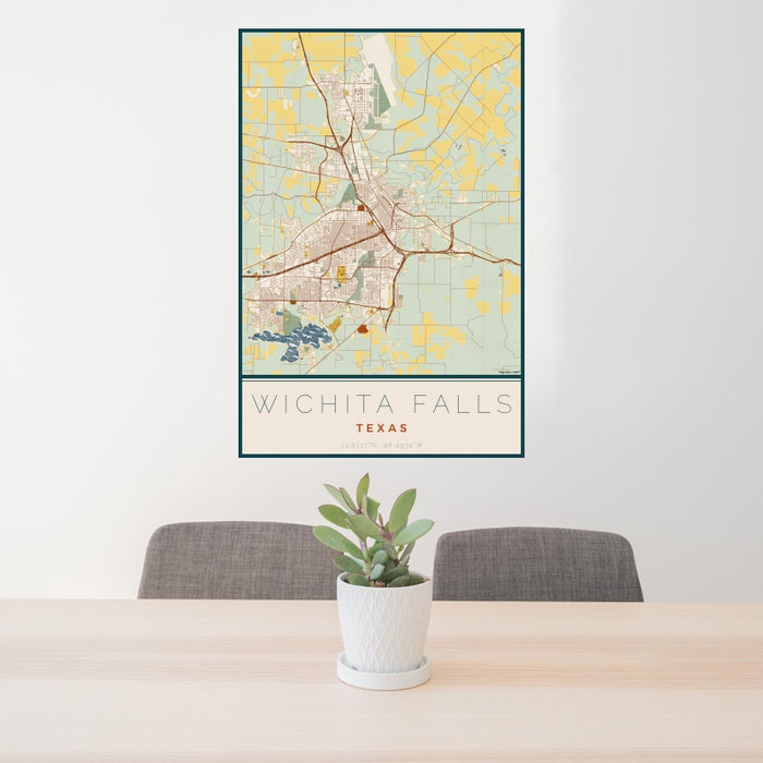 24x36 Wichita Falls Texas Map Print Portrait Orientation in Woodblock Style Behind 2 Chairs Table and Potted Plant