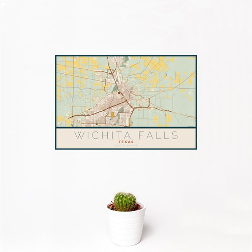 12x18 Wichita Falls Texas Map Print Landscape Orientation in Woodblock Style With Small Cactus Plant in White Planter