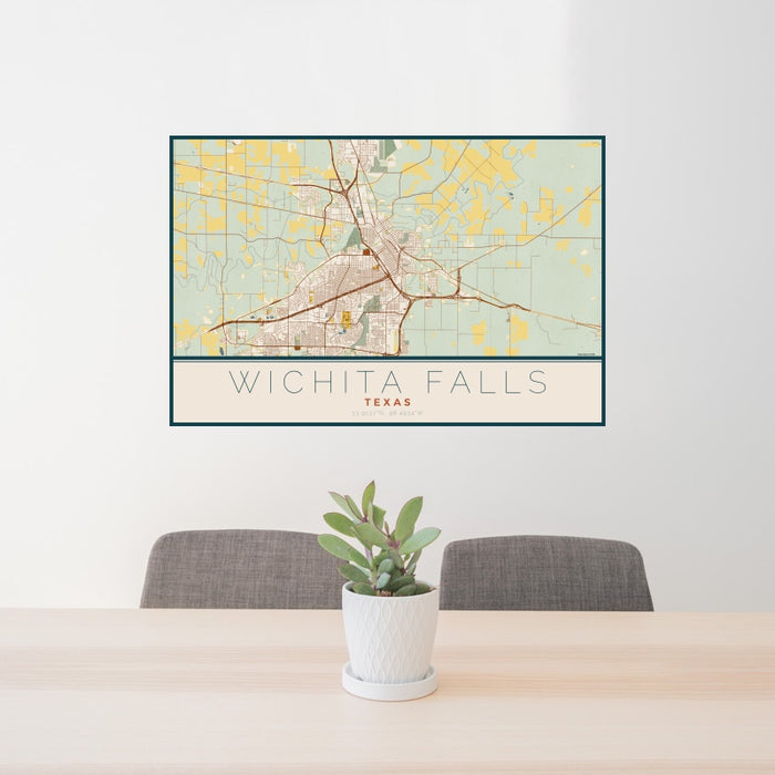 24x36 Wichita Falls Texas Map Print Landscape Orientation in Woodblock Style Behind 2 Chairs Table and Potted Plant