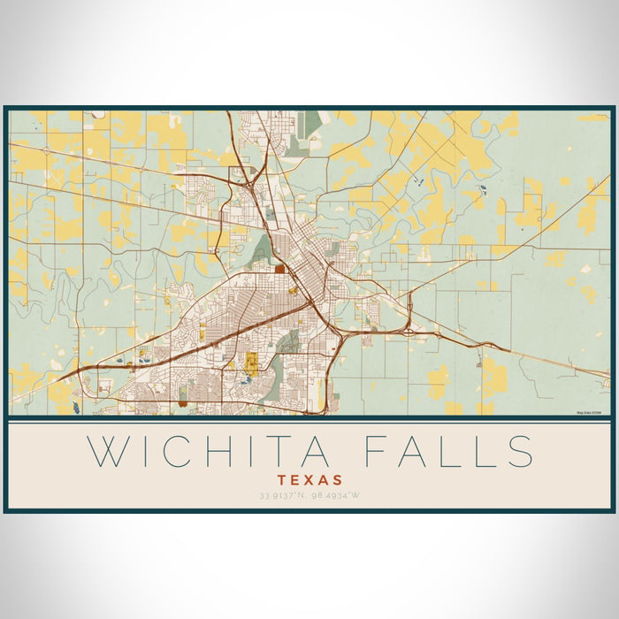 Wichita Falls Texas Map Print Landscape Orientation in Woodblock Style With Shaded Background
