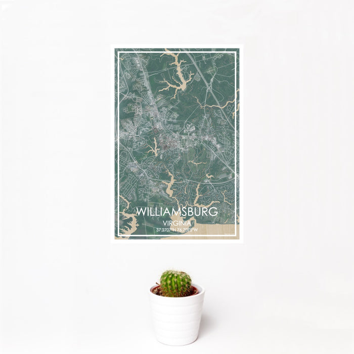 12x18 Williamsburg Virginia Map Print Portrait Orientation in Afternoon Style With Small Cactus Plant in White Planter